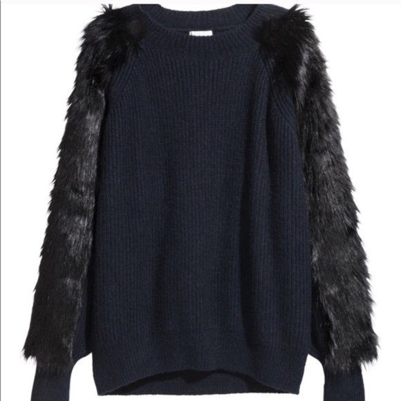 H&M Navy Knit Sweater, Black Faux Fur Sleeves - Picture 2 of 7